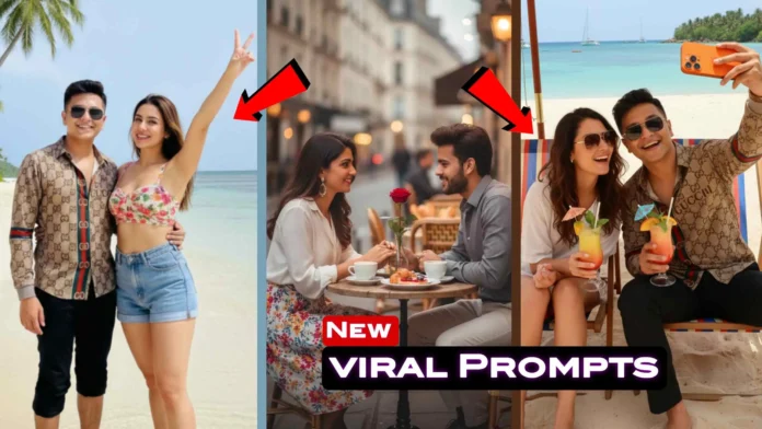 Collage of creative Google Gemini prompts including tropical beach, Paris café, rickshaw ride, neon arcade, railway station, shopping mall, and rooftop night scenes shared by Technical Masterminds.